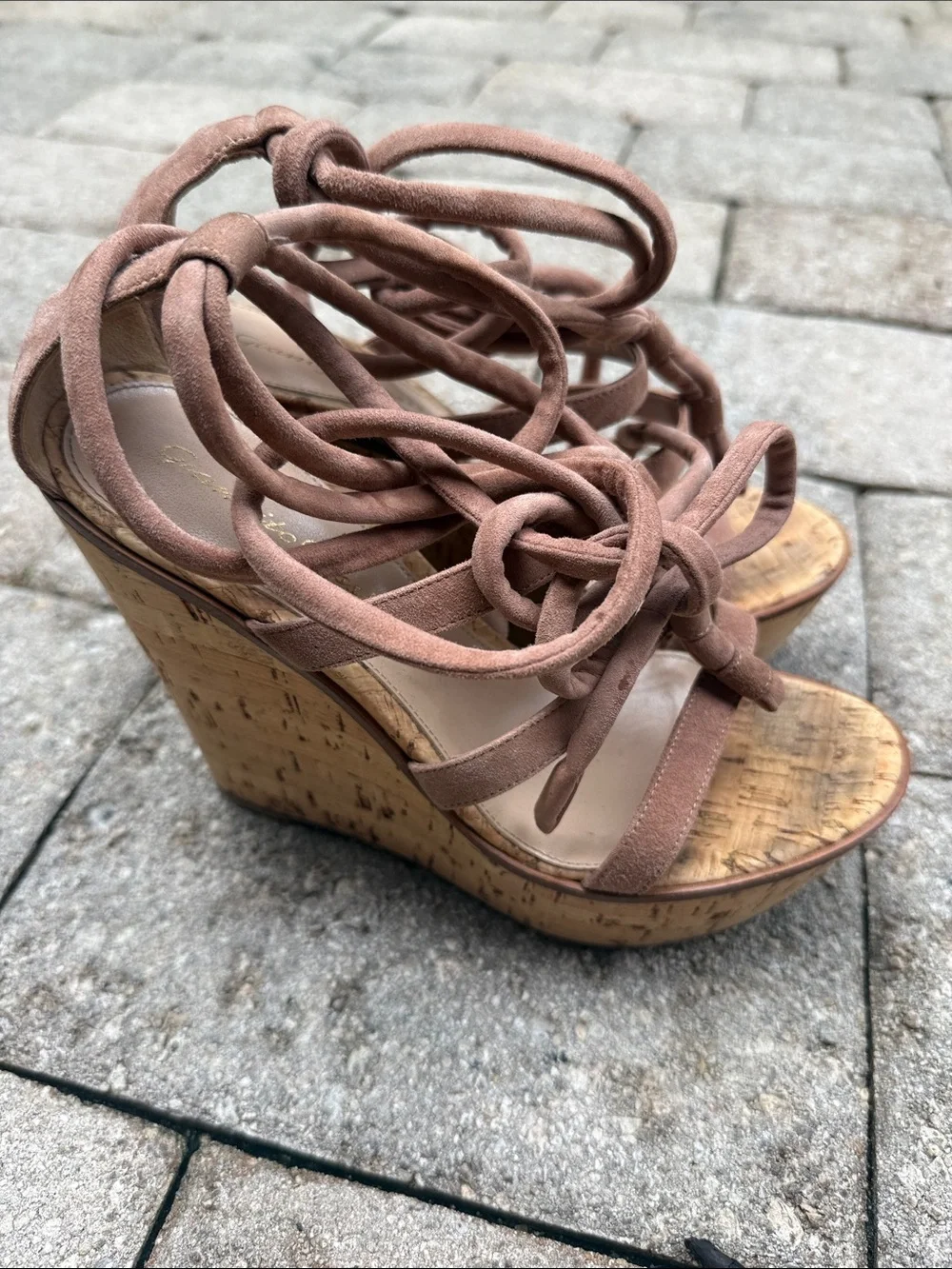 Gianvito Rossi Brown Suede Cork Wedge Sandals with Lace-Up Ties